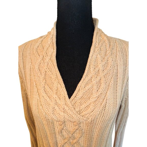 VTG Jillian Nicole Tan Chunky Cable Knit Fisherman Sweater L Cotton Sustainable - Picture 7 of 8